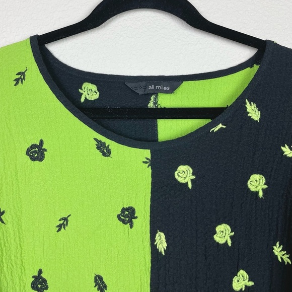 Ali Miles Women's Large Floral Color Block 3/4 Sleeve Tunic Brat Green Apple - Picture 4 of 14